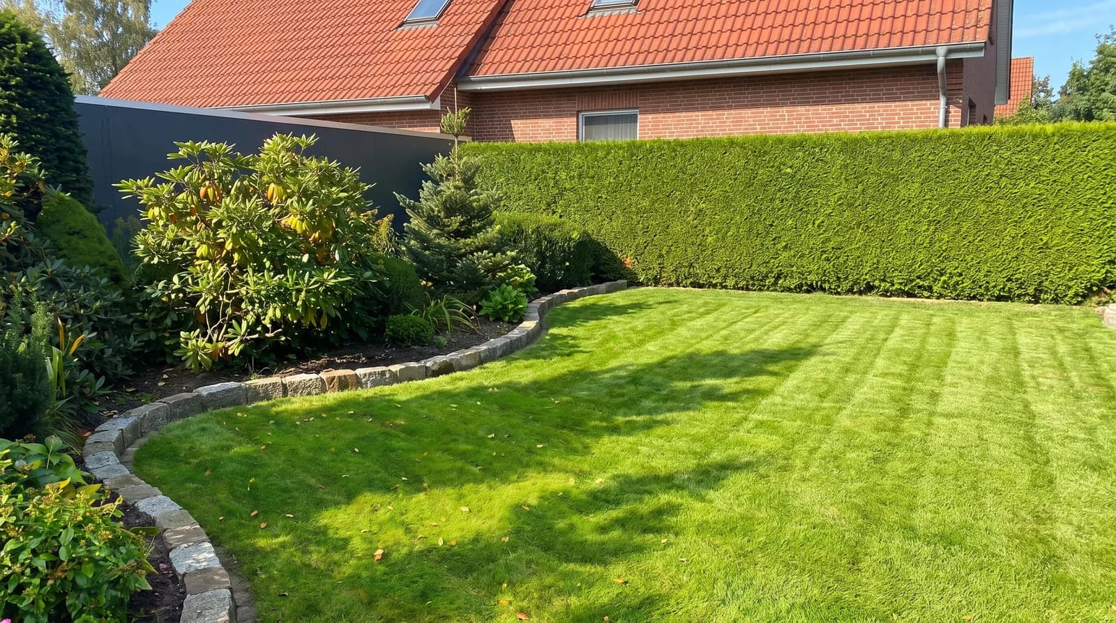 Gepflegter Garten mit frisch gemähtem, gestreiftem Rasen, geschnittener Hecke und sauberer Natursteinkante, gepflegt von Paul Hermann in Elmshorn