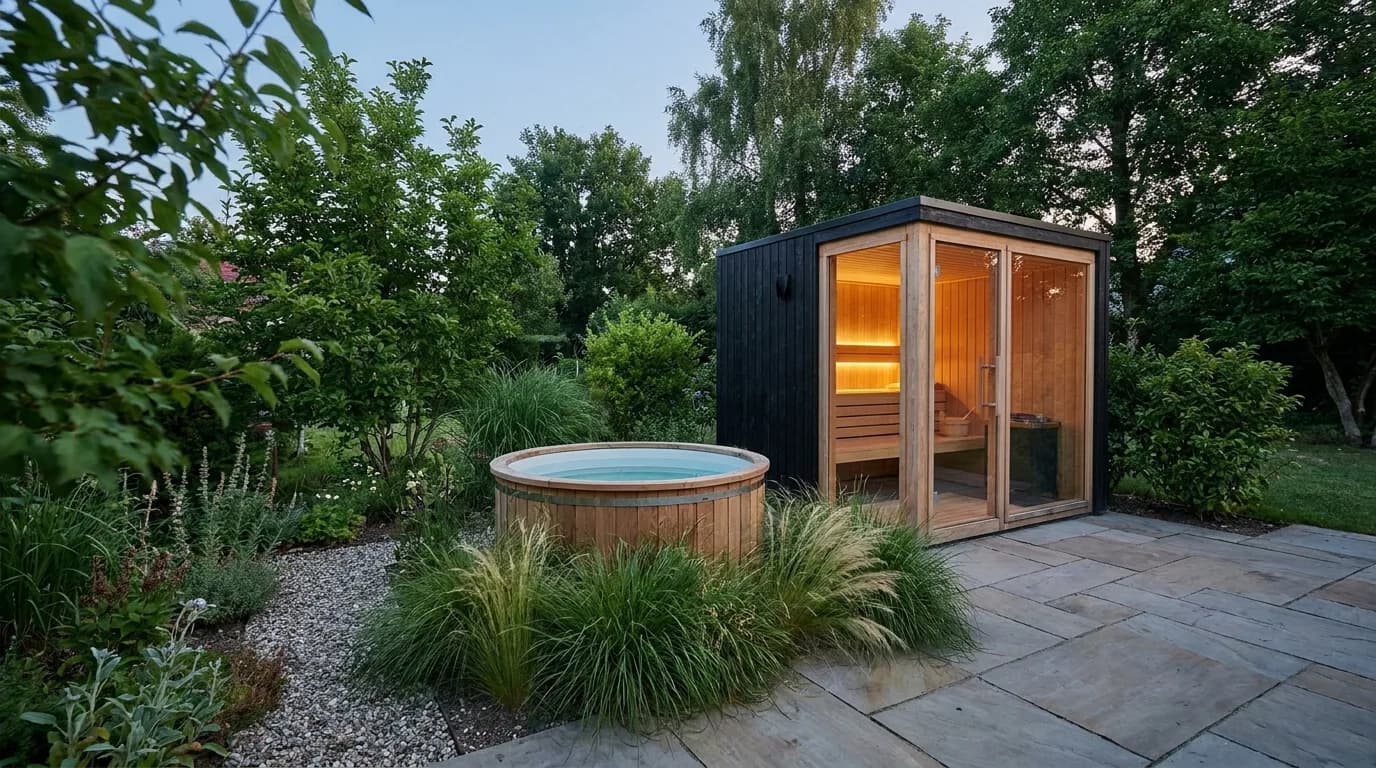 Von Paul Hermann gestaltete Gartensauna mit Tauchbecken auf einer Natursteinterrasse in Elmshorn