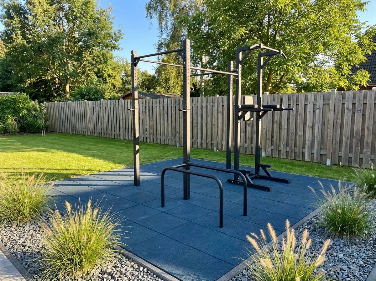 Moderner Calisthenics- und Outdoor-Trainingsbereich mit Klimmzug- und Dip-Station auf Fallschutzmatten in einem sommerlichen Garten im Raum Elmshorn