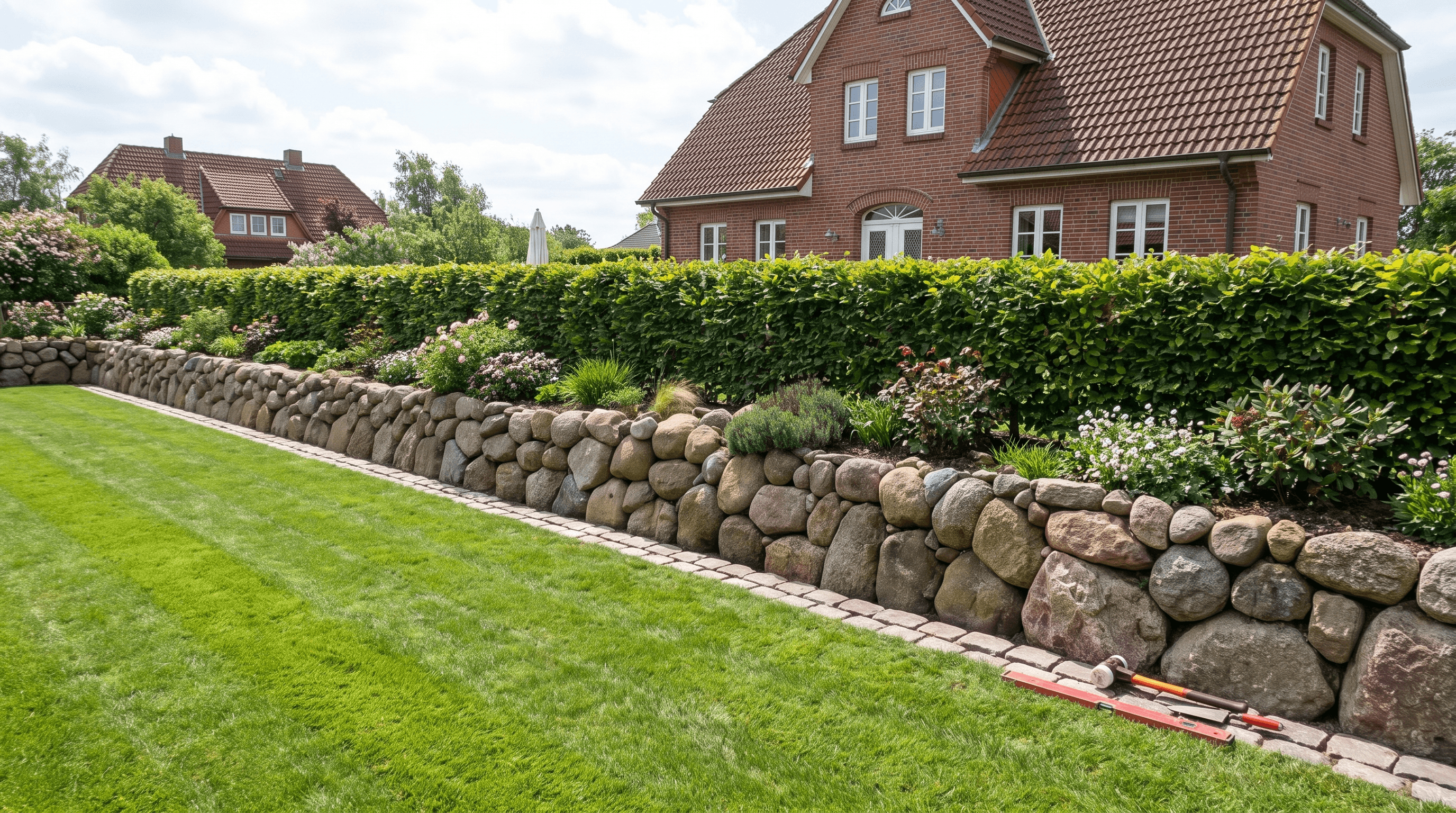Findlingsmauer mit Pflasterkante und Staudenbeet in einem von Paul Hermann angelegten Garten in Elmshorn